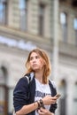 St. Petersburg, Russia, June 28, 2019:Teen girl walking around the city