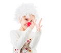 Teen girl in white clown wig gesturing with hands Royalty Free Stock Photo