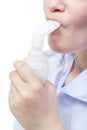 Teen inhales with mouthpiece of jet nebuliser Royalty Free Stock Photo