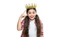 teen princess girl in studio, pointing. teen princess girl on background. photo of teen princess girl