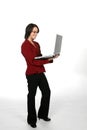 Teen in red business jacket with laptop