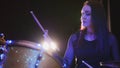 Teen rock music - gothic girl percussion drummer perform music break down