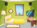 Teen room. Small bedroom for kids student apartment inside of house modern interior vector cartoon Royalty Free Stock Photo