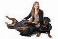Teen and rottweilers Royalty Free Stock Photo