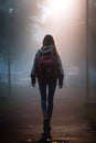 teen student girl with long hair. backpack and hoodie. slim jeans and boots.