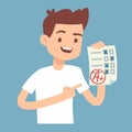 Teen student holding paper with perfect school exam test vector illustration