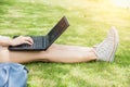 Teen student working with computer laptop outdoor university campus Royalty Free Stock Photo