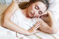 Teen woman on bed, sleep woman, beautiful woman at the morning. Female sleep relax. Sleeping and resting concept