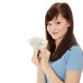 Teen woman with dollars. Royalty Free Stock Photo