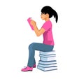 Teenage asian girl sits on a stack of books and reads a book that she holds in her