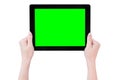 Teenage beautiful girl holding a black tablet pc template with green screen isolated on white background, close up, mock up, Royalty Free Stock Photo