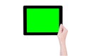 Teenage beautiful girl holding a black tablet pc template with green screen isolated on white background, close up, mock up, Royalty Free Stock Photo