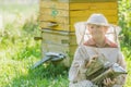 Teenage beekeeper with painted wooden beehives