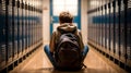 Teenage boy bullying sitting by locker against school corridor. Generative AI
