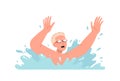 Teenage boy cartoon character wearing swimming protective goggles drowning in sea or ocean water