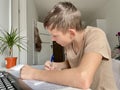 A teenage boy does homework in front of a computer monitor. Royalty Free Stock Photo