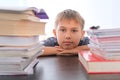 Teenage boy doing homework at home. Kid sitting among pile of books, textbooks, school exercise books on his desk Royalty Free Stock Photo