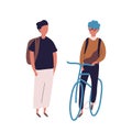 Teenage boy dressed in school uniform meeting his friend on bicycle or bike. Pair of students, pupils, classmates or