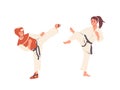 Teenage boy and girl cartoon characters doing karate, combating enjoying defense sport activity
