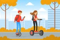 Teenage Boy and Girl Riding Hoverboard and Monowheel in Autumn Park, Eco Electric Transport Concept Cartoon Vector