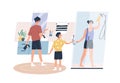 Teenage boy help parents washing bathroom vector flat illustration. Happy family doing housework together isolated on