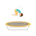 Teenage boy jumping on trampoline, kid practicing to do somersault. Active children leisure. Flat vector design