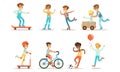 Teenage Boy Outdoor Activities Set, Boy Doing Sports, Riding Bicycle, Kick Scooter, Skateboard Rollerblading, Playing Royalty Free Stock Photo