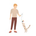 Teenage boy playing with his cat. Male character teasing kitten. Owner of domestic animal and his playful pet isolated