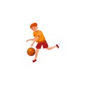 The teenage boy plays basketball in a yellow t-shirt. Vector illustration in the flat cartoon style Royalty Free Stock Photo