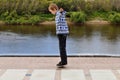 The teenage boy shows focus a levitation Royalty Free Stock Photo