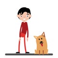 Teenage boy standing and playing with his fluffy red dog Royalty Free Stock Photo