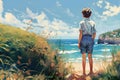 a teenage boy stands on the seashore. illustration, AI generation