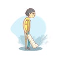 Teenage Boy Walking on Crutches with Broken Leg, Unhappy Injured Boy Character Vector Illustration