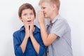 Teenage boy whispering in the ear a secret to Royalty Free Stock Photo