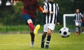 Teenage boys kicking football. Two player in soccer duel on grass pitch Royalty Free Stock Photo