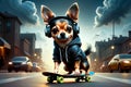 a teenage Chihua dog rides a skateboard on the street in the evening.