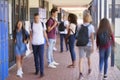 Teenage classmates stand talking in school hallway Royalty Free Stock Photo