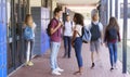 Teenage classmates stand talking in school hallway Royalty Free Stock Photo
