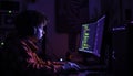 Teenage coder s illuminated workspace, late night coding session, focused on screen, ambition, computer