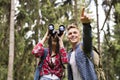 Teenage couple hiking in forest. Summer vacation. Royalty Free Stock Photo