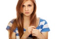 Teenage depression woman sitting on the floor Royalty Free Stock Photo