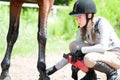 Teenage equestrian girl checking for injury of bay horse leg Royalty Free Stock Photo