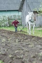 Teenage farmer boy working land in traditional way with horse and plough Royalty Free Stock Photo