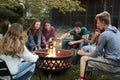 Teenage friends sit round a fire pit toasting marshmallows Royalty Free Stock Photo