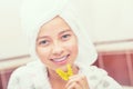 Teenage girl in bathroom with dental retainer braces. Morning an Royalty Free Stock Photo