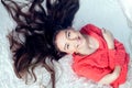 Teenage girl in bed smiling Royalty Free Stock Photo