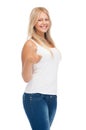 Teenage girl in blank white t-shirt with thumbs up Royalty Free Stock Photo