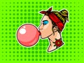 Teenage girl with bubble gum over halftone background.