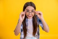 teenage girl can see with eyesight glasses. teenage girl in eyesight eyeglasses look somewhere. girl with eyesight Royalty Free Stock Photo