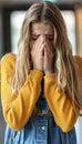 Teenage girl crying in school corridor, blurred background, space for text, education struggles